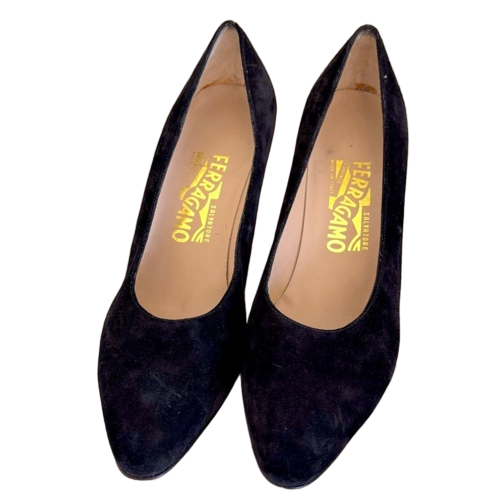 Salvatore Ferragamo Black Suede Heels Pumps Size 8.5 Italy